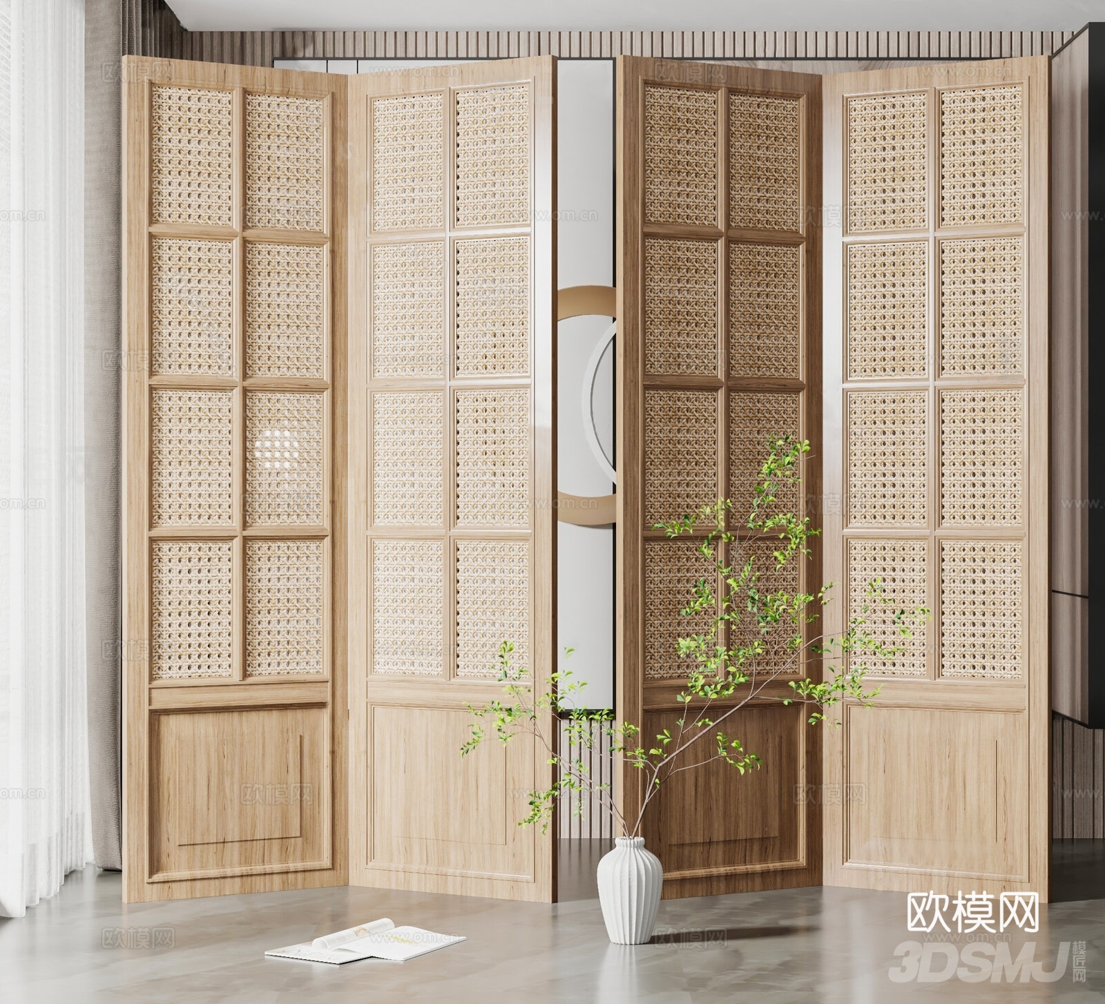 现代实木屏风隔断su模型下载