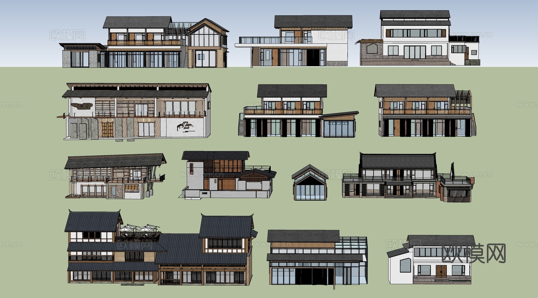 新中式民宿建筑 乡村民房 民宿酒店建筑 坡屋顶民宿su模型