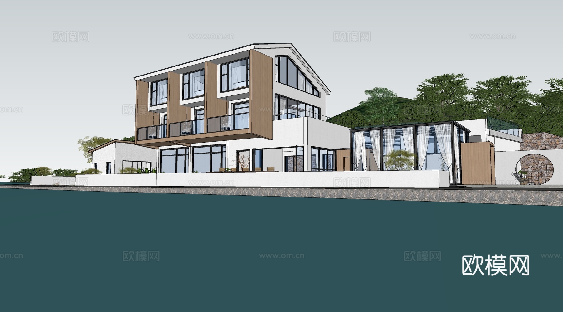 新中式民宿建筑 乡村民房 民宿酒店建筑 坡屋顶民宿su模型