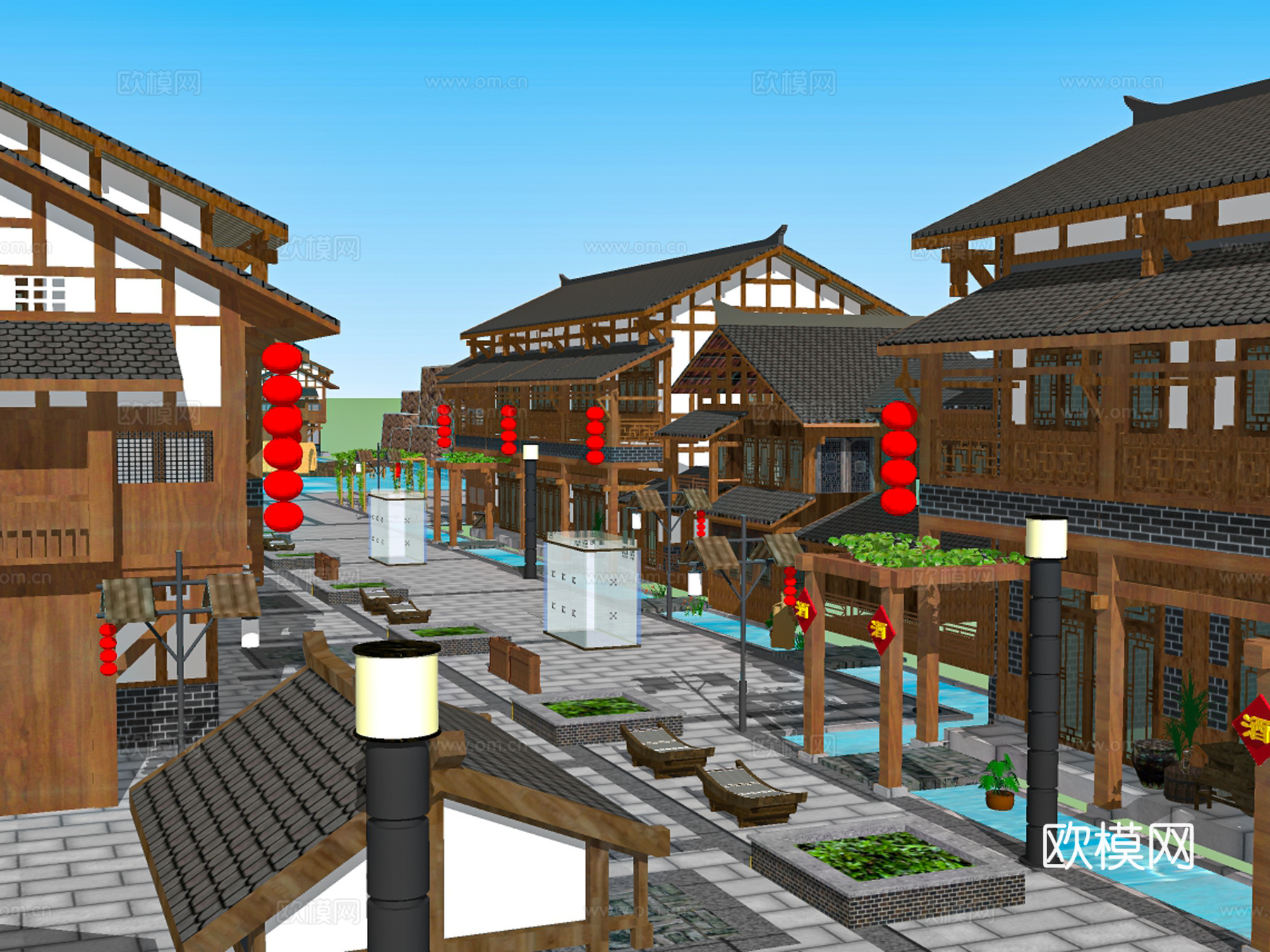 新中式古建商业街su模型下载