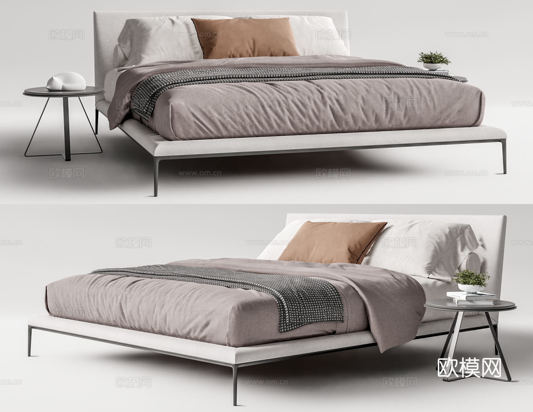 现代布艺双人床su模型下载下载（渲染图1）