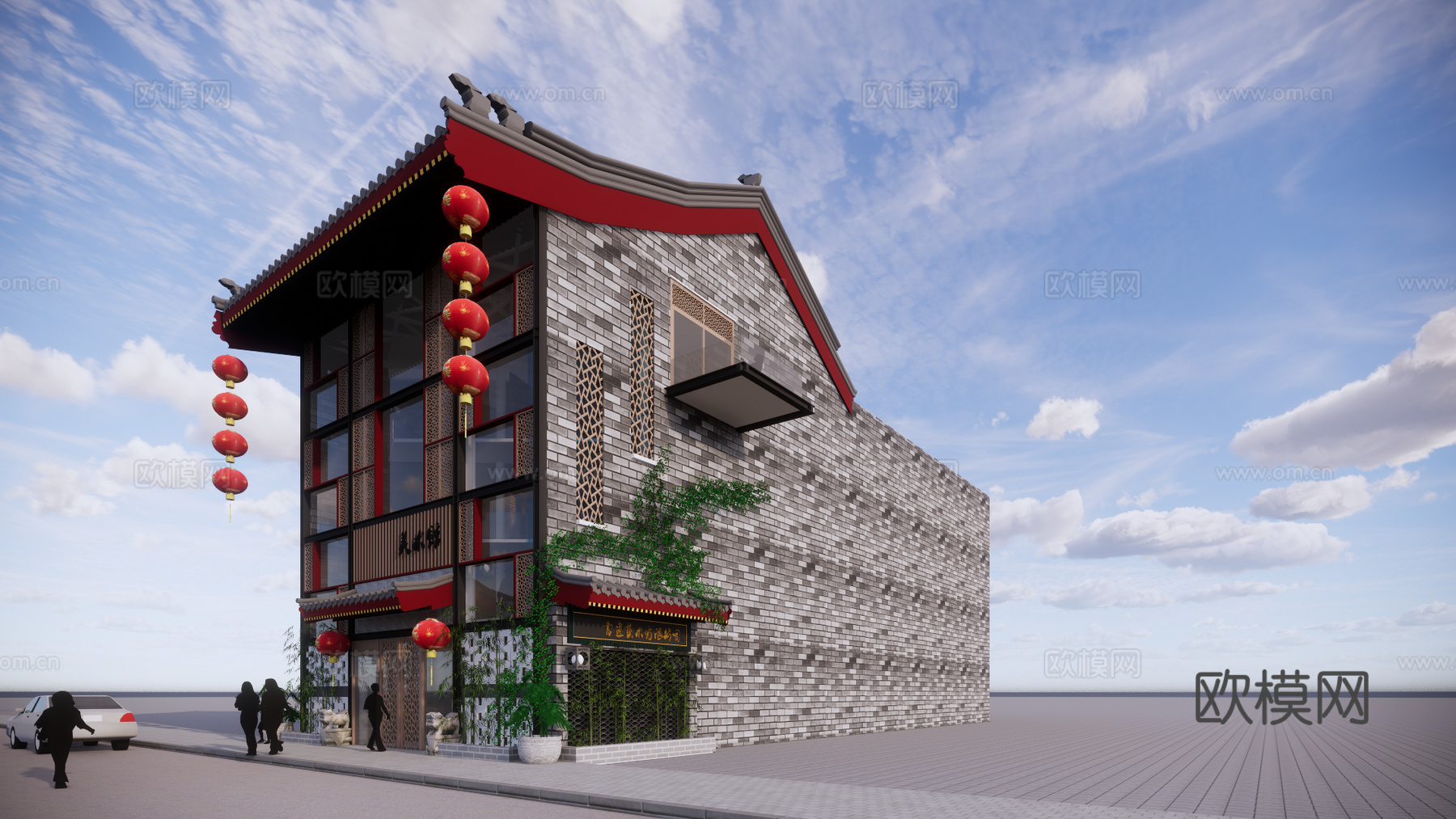 新中式美术馆建筑外观su模型下载