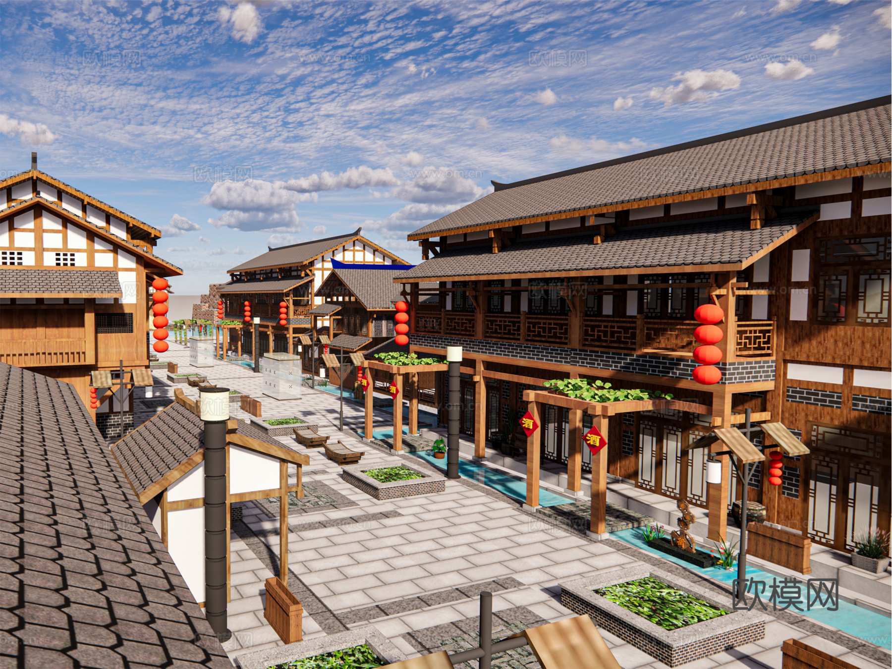 新中式古建商业街su模型下载