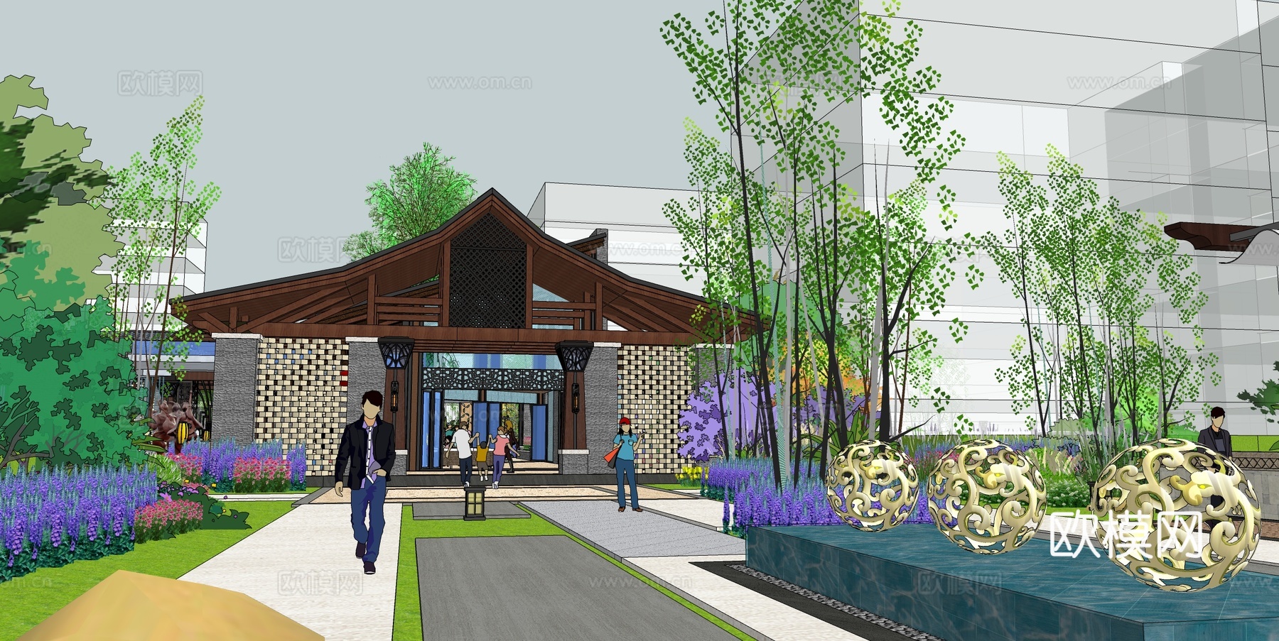 新中式公园景观su模型下载