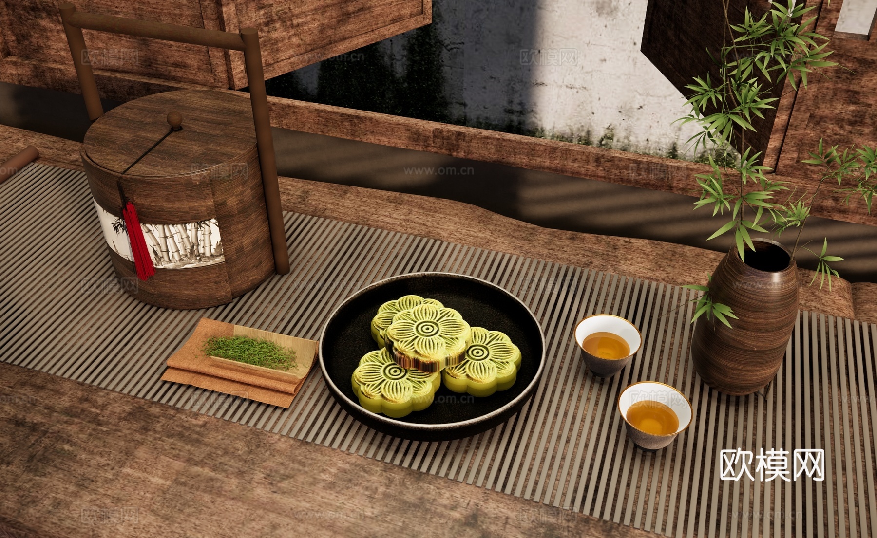 中式糕点礼盒 绿豆糕点心 中秋节月饼 中式食盒礼盒 茶水茶具su模型