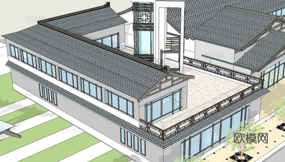 新中式沿街商业建筑su模型下载