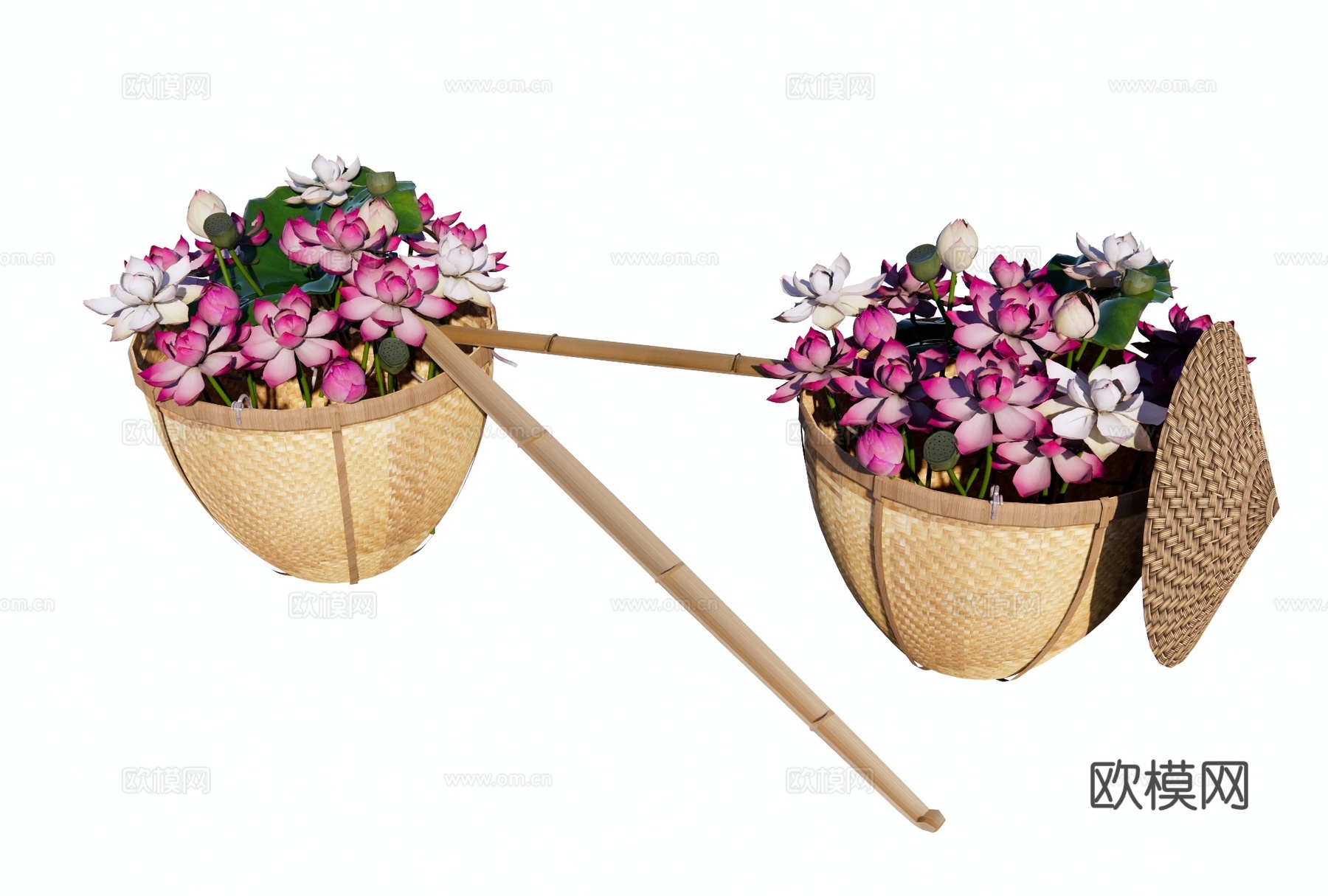 现代其他小品 扁担箩筐荷花 荷花担子 荷花荷叶莲蓬 贩卖荷花su模型