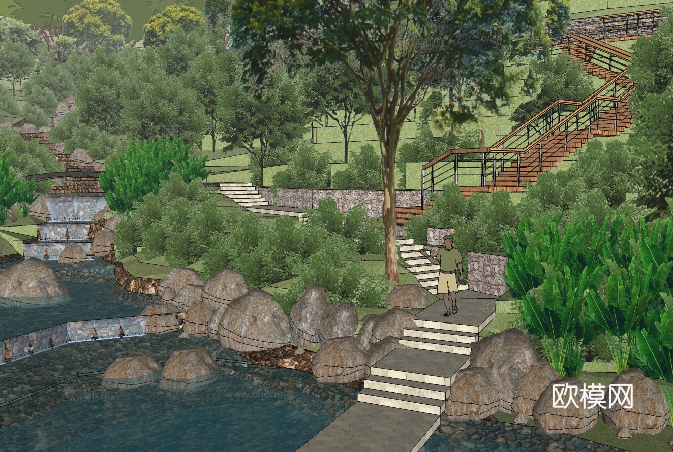 现代山地公园su模型下载