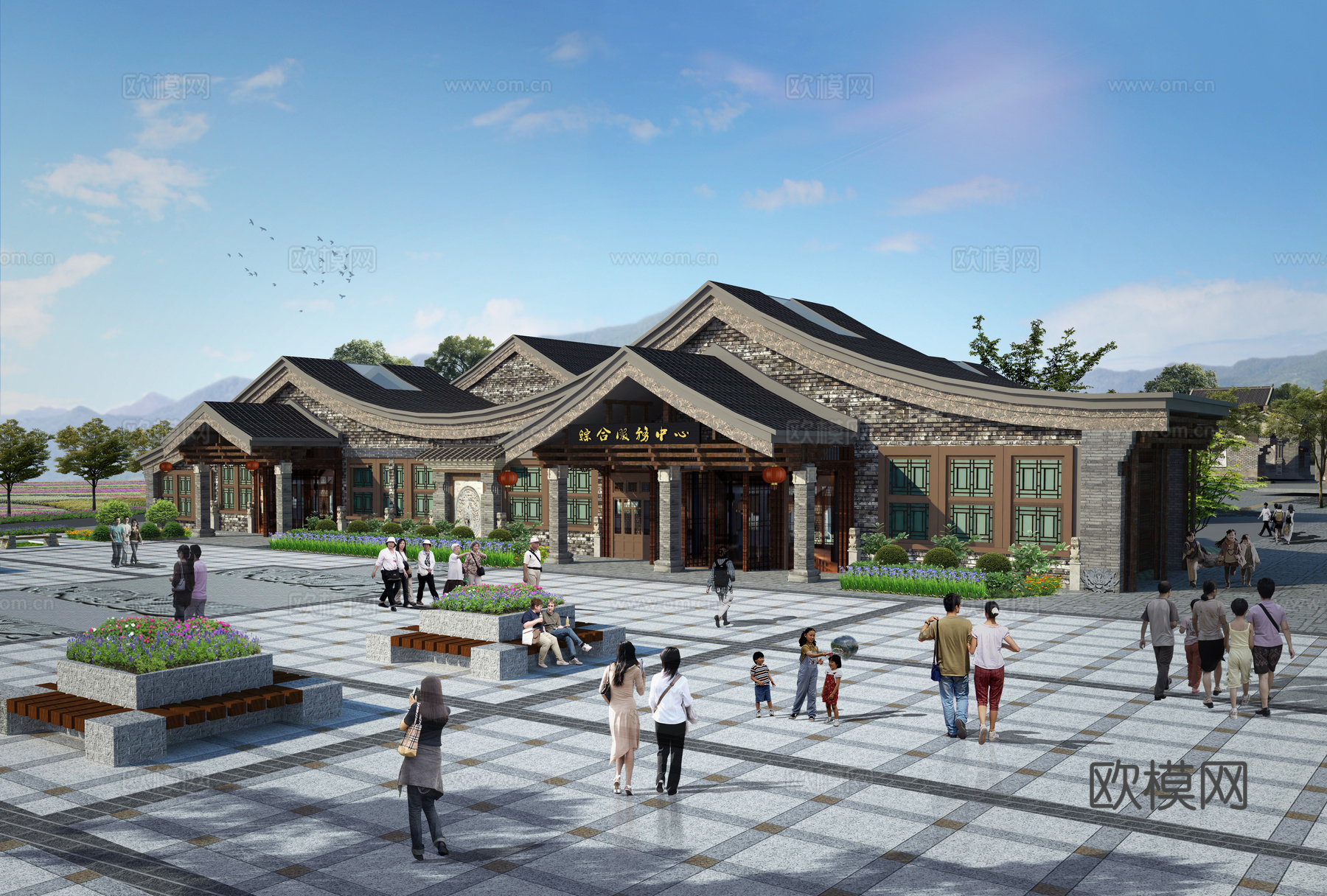 中式古建商业街su模型下载