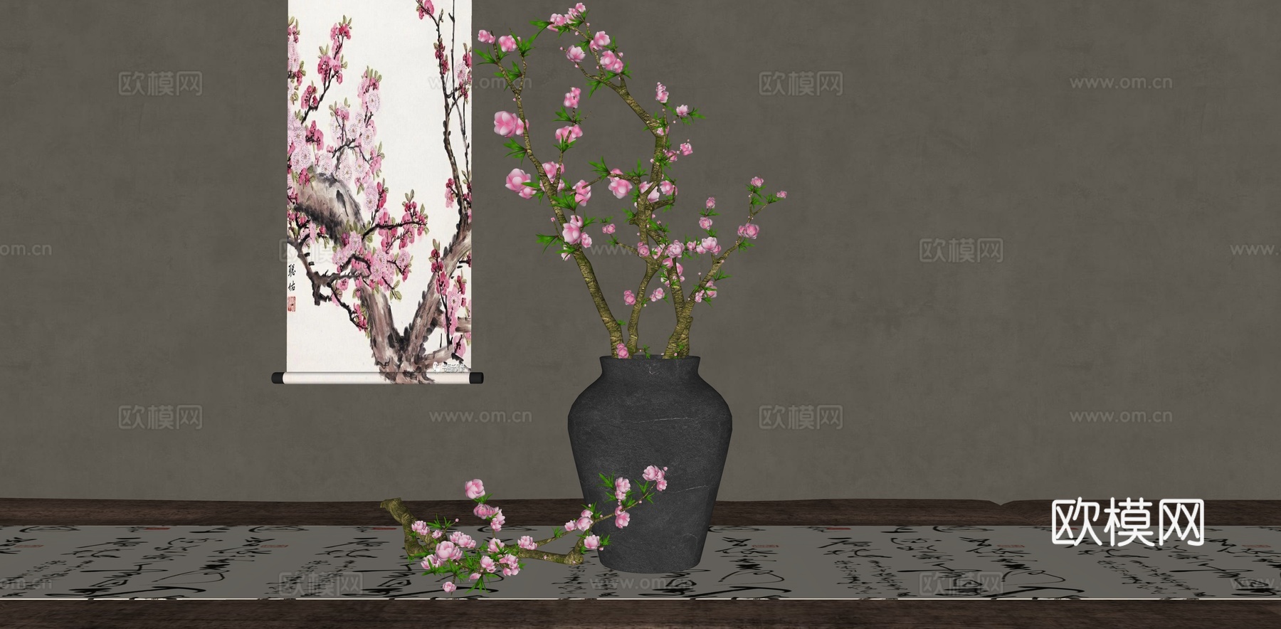 新中式花瓶花艺 桃花插花 陶罐插花 端景条案木桌 中式挂画su模型
