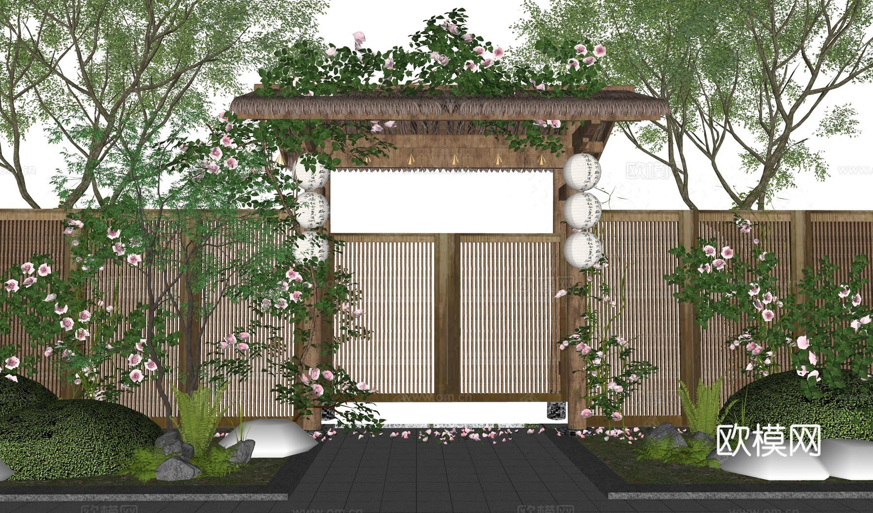 中式乡村庭院门 玫瑰蔷薇藤蔓 爬藤植物 民宿小院门 院门围墙su模型