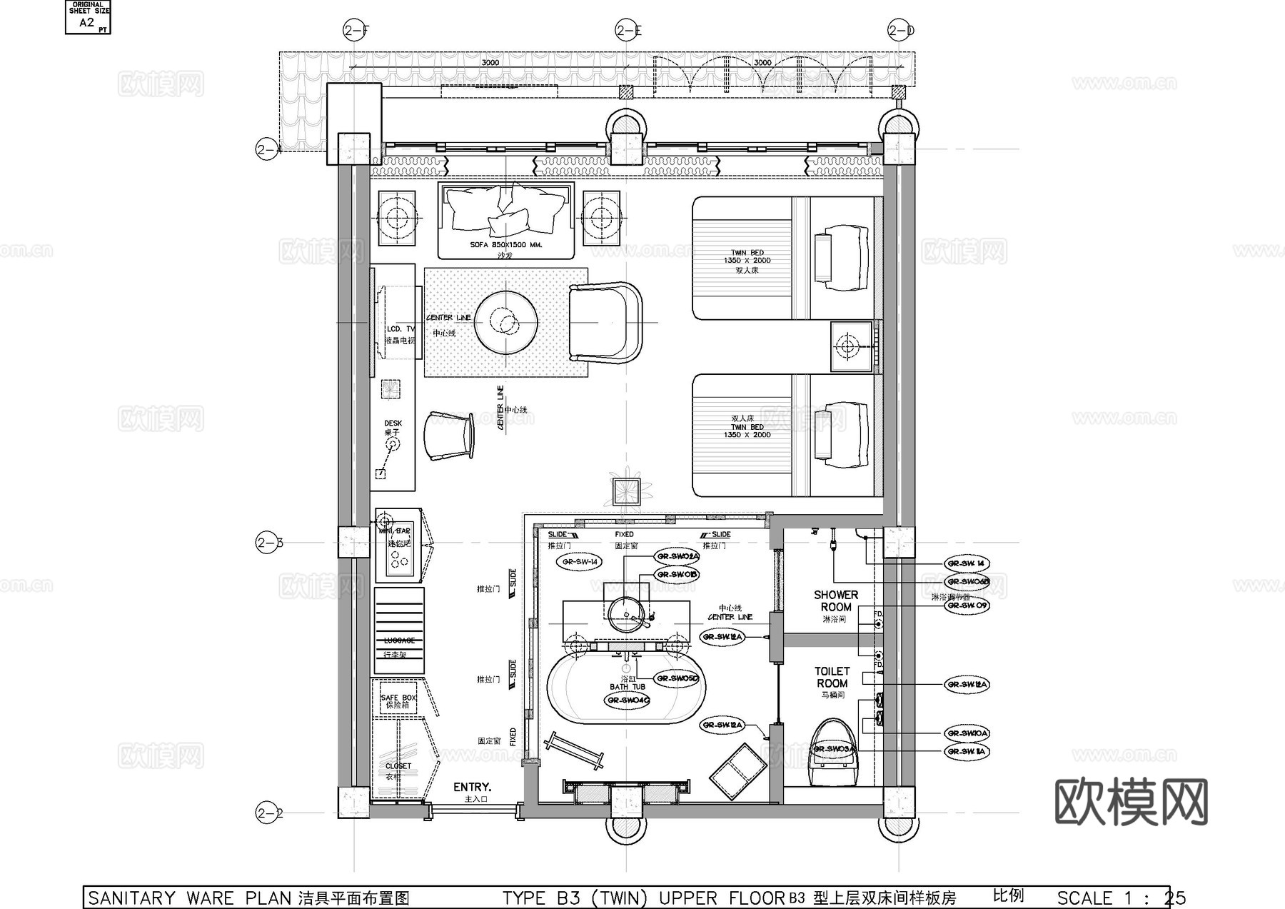 民宿双人床客房施工图cad施工图