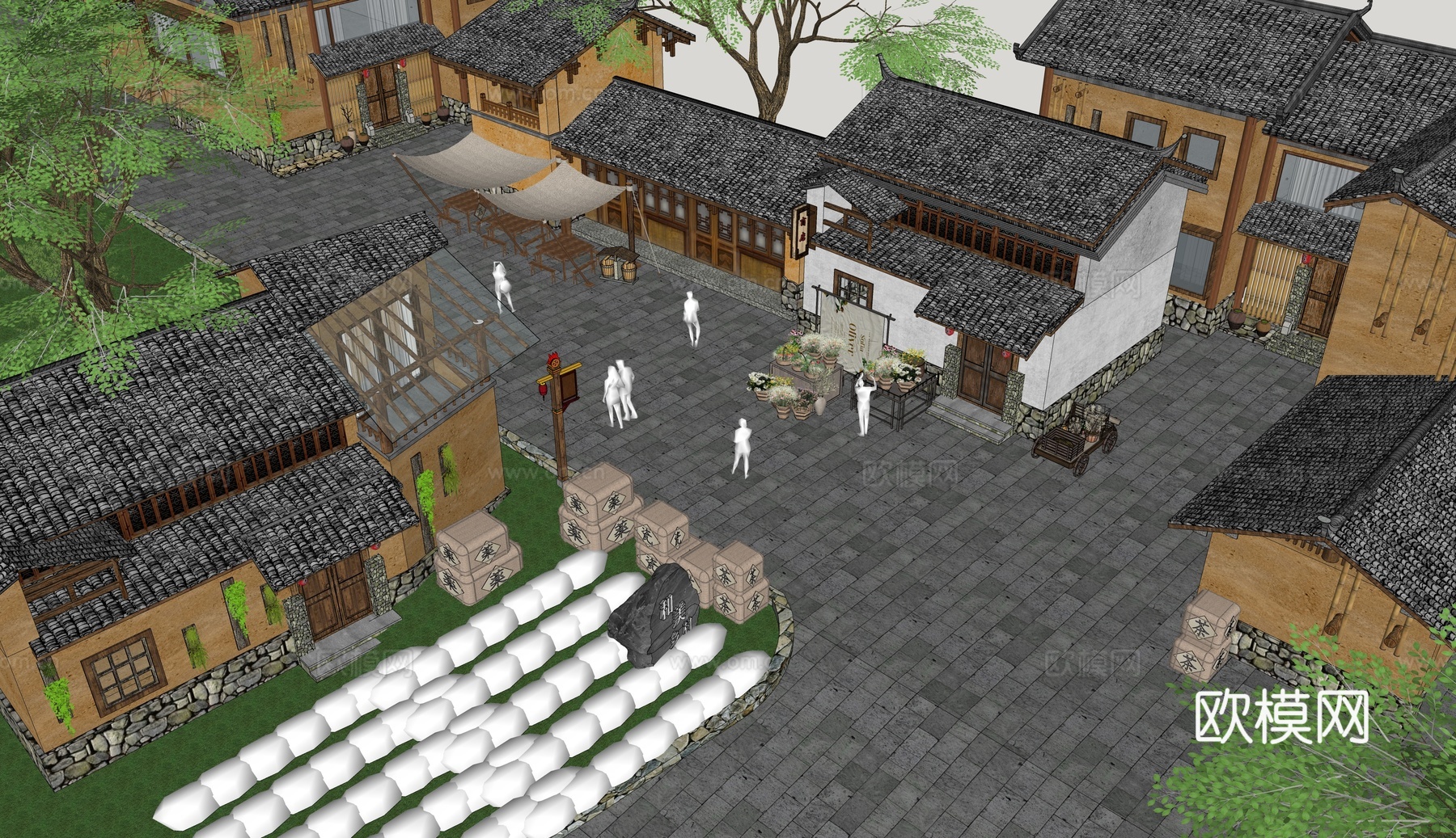 新中式乡村庭院 乡村民宿 民宿院落 庭院建筑su模型下载