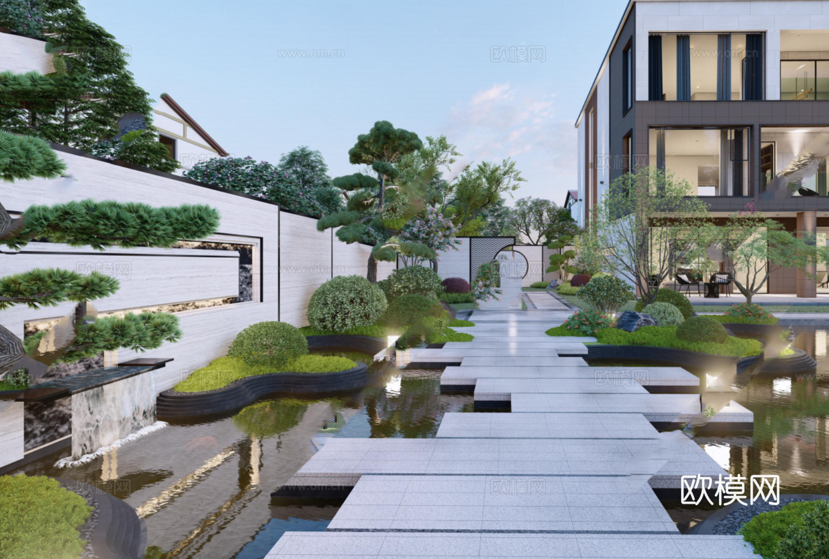 新中式庭院花园su模型下载