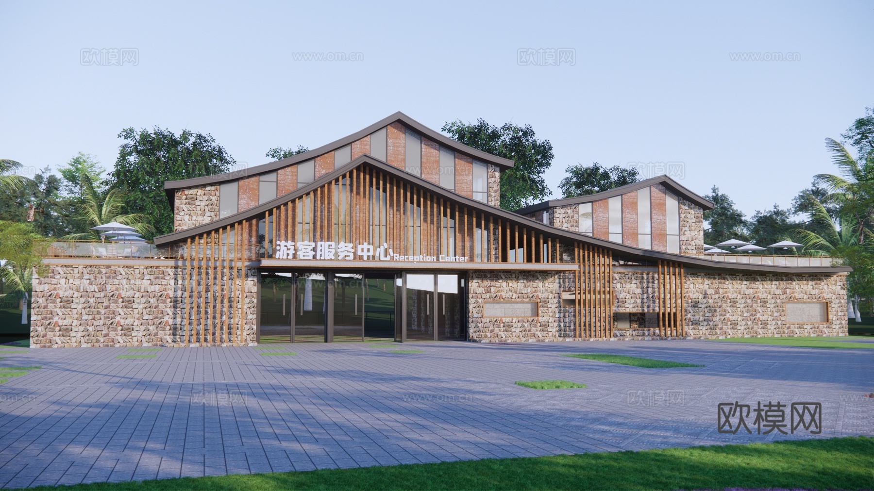 新中式游客中心建筑外观su模型下载