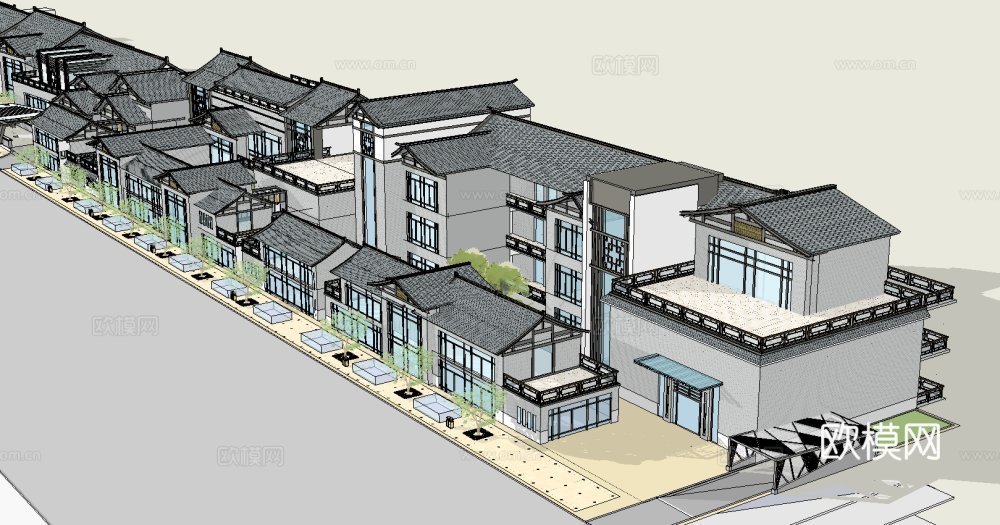 新中式沿街商业建筑su模型下载