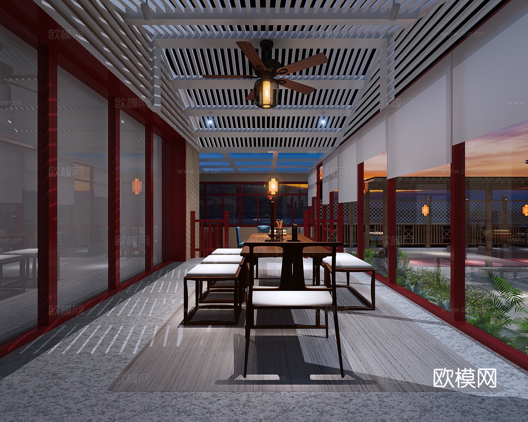 新中式花园庭院  长廊  凉亭  茶室  吊灯  假山植3d模型
