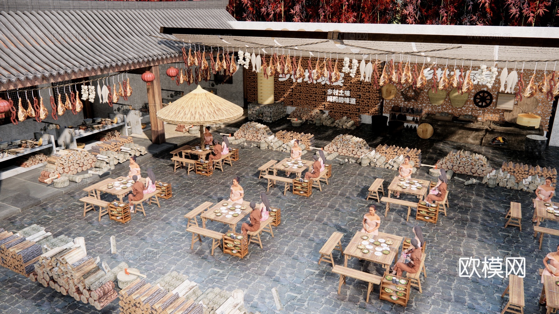 现代乡村美食街 火锅庭院 网红餐厅农家乐su模型下载