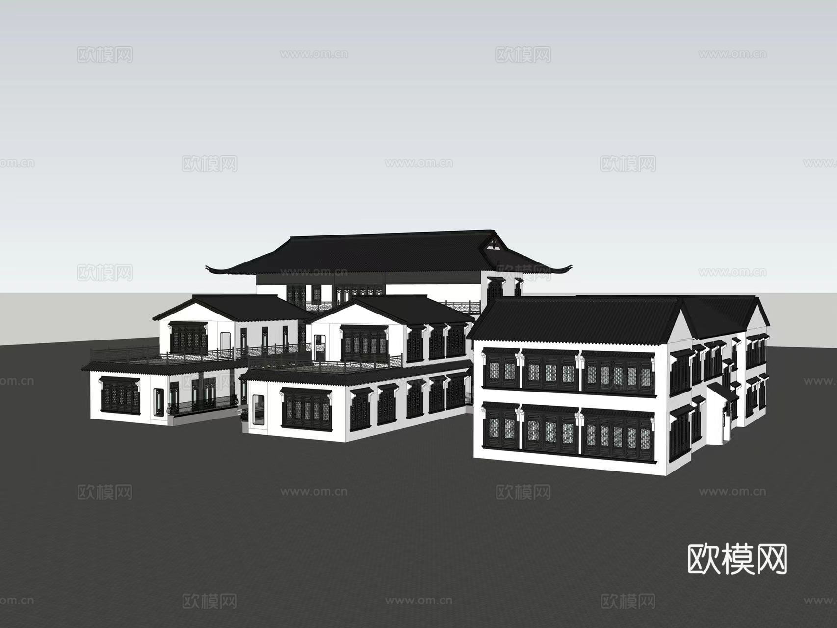 新中式乡村民居建筑外观su模型下载