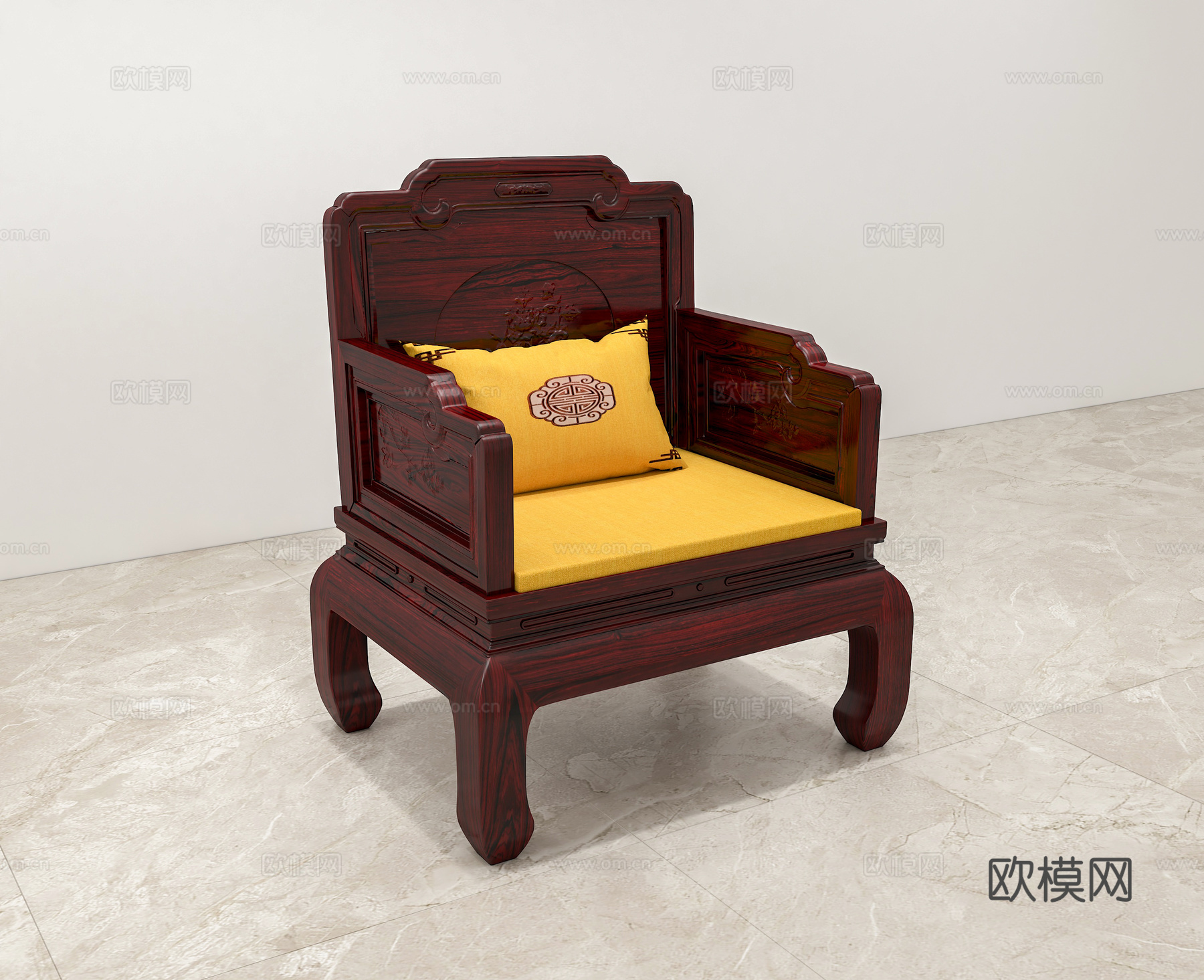中式客厅单人沙发 雕花造型 实木红木3d模型