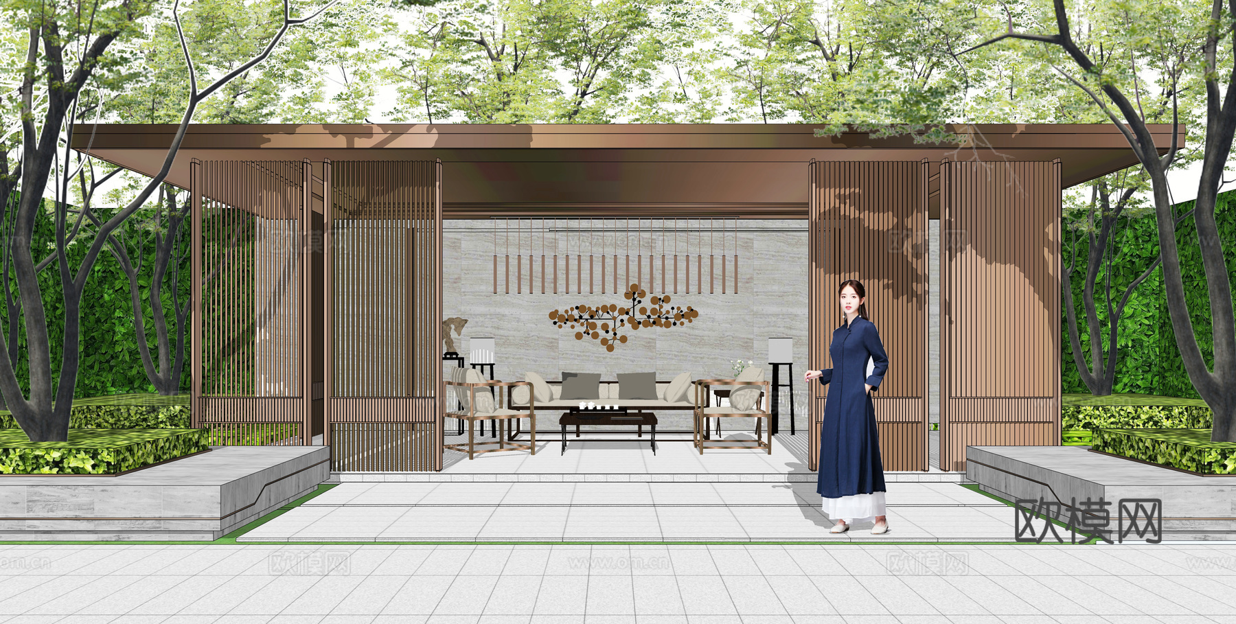 新中式景观廊架su模型下载