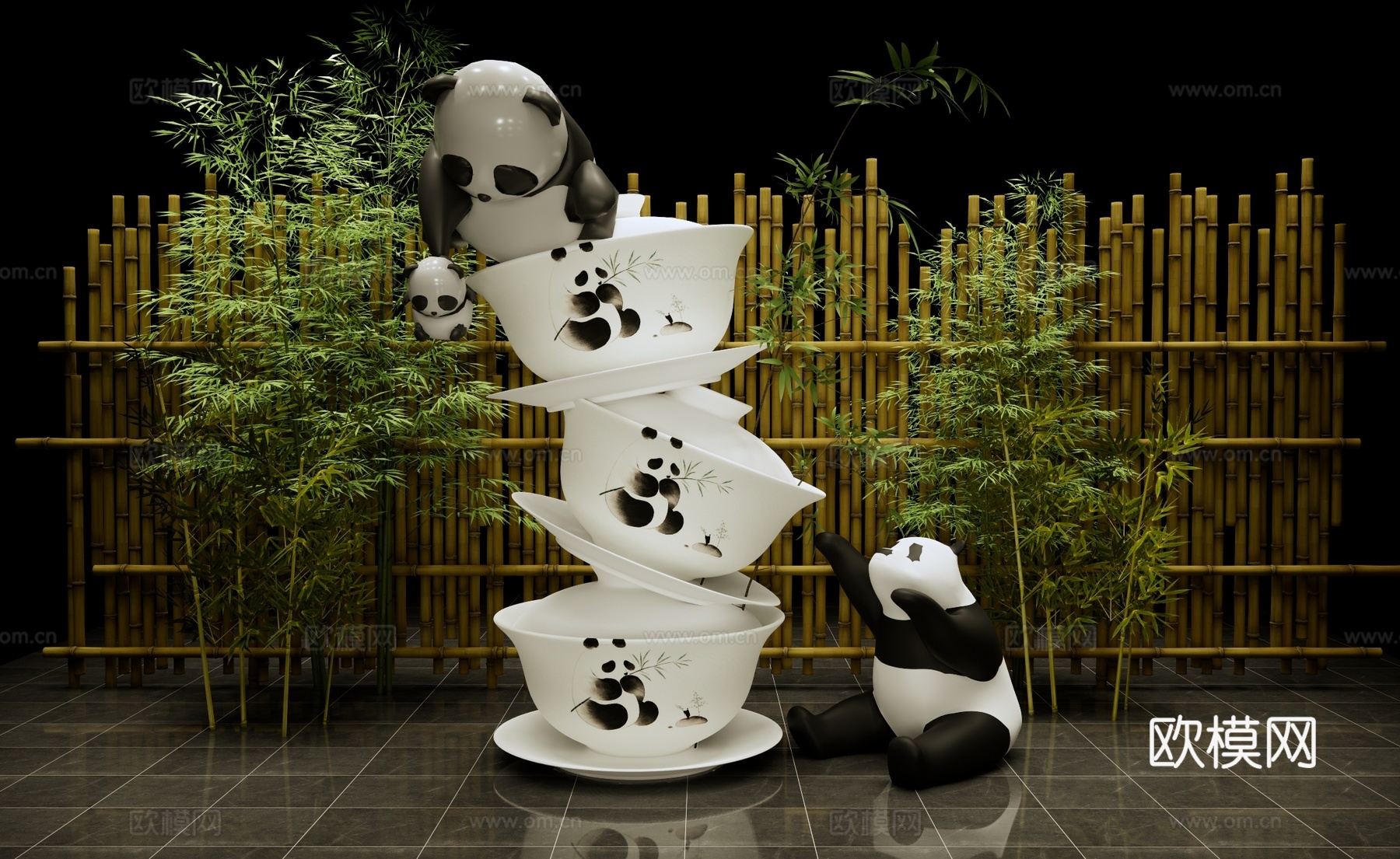 现代熊猫美陈雕塑 盖碗茶美陈 四川熊猫景观雕塑 熊猫茶馆美陈su模型