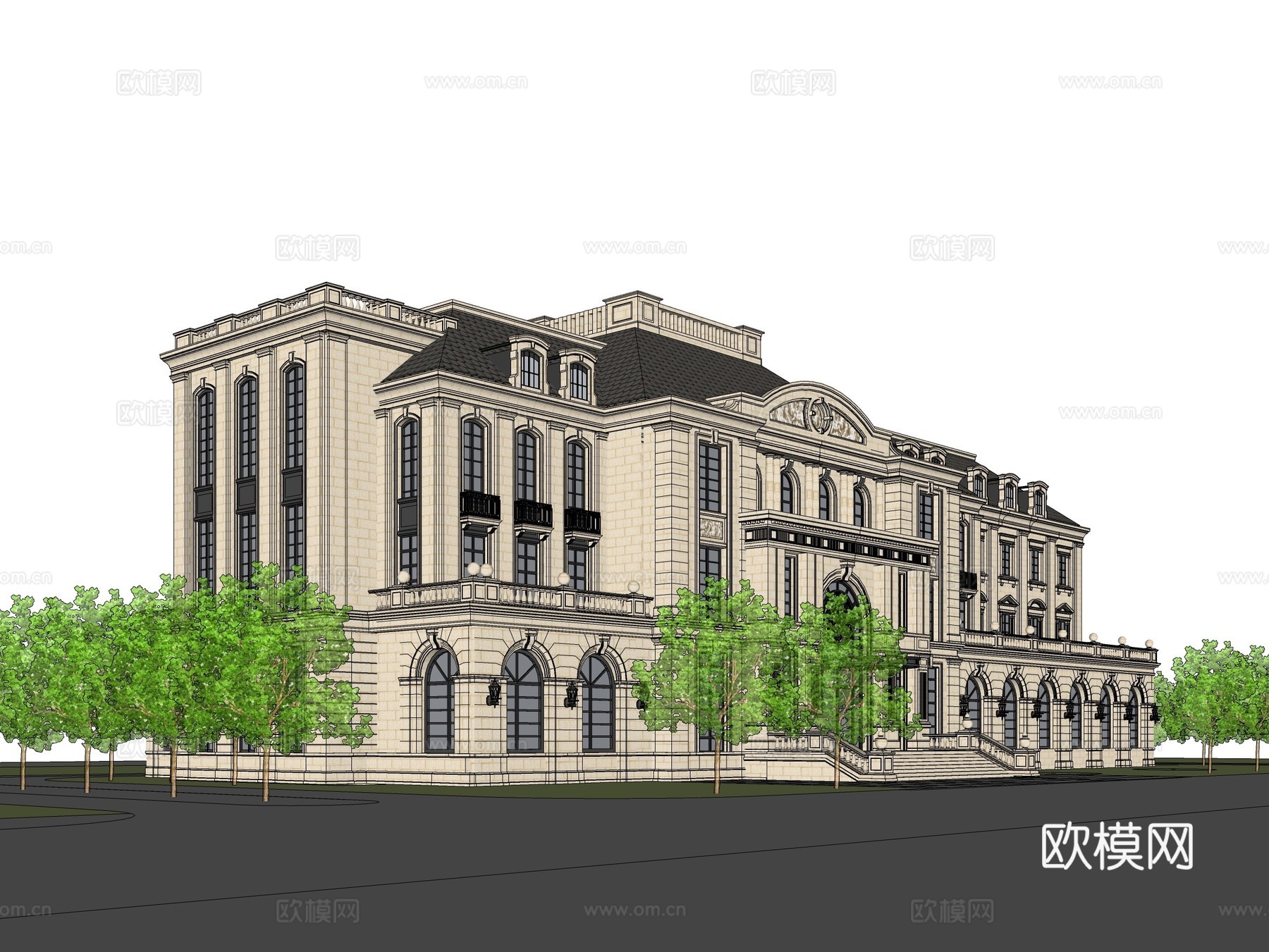 法式会所建筑外观su模型下载