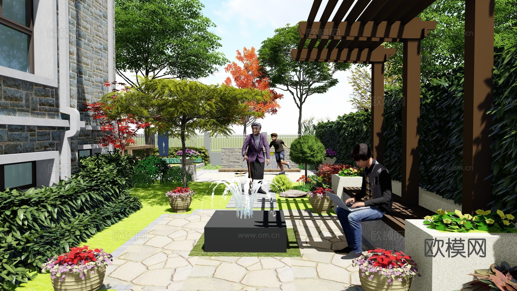 现代别墅庭院 花园su模型下载