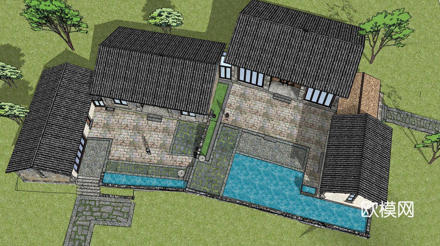 中式古建民居民宿su模型下载