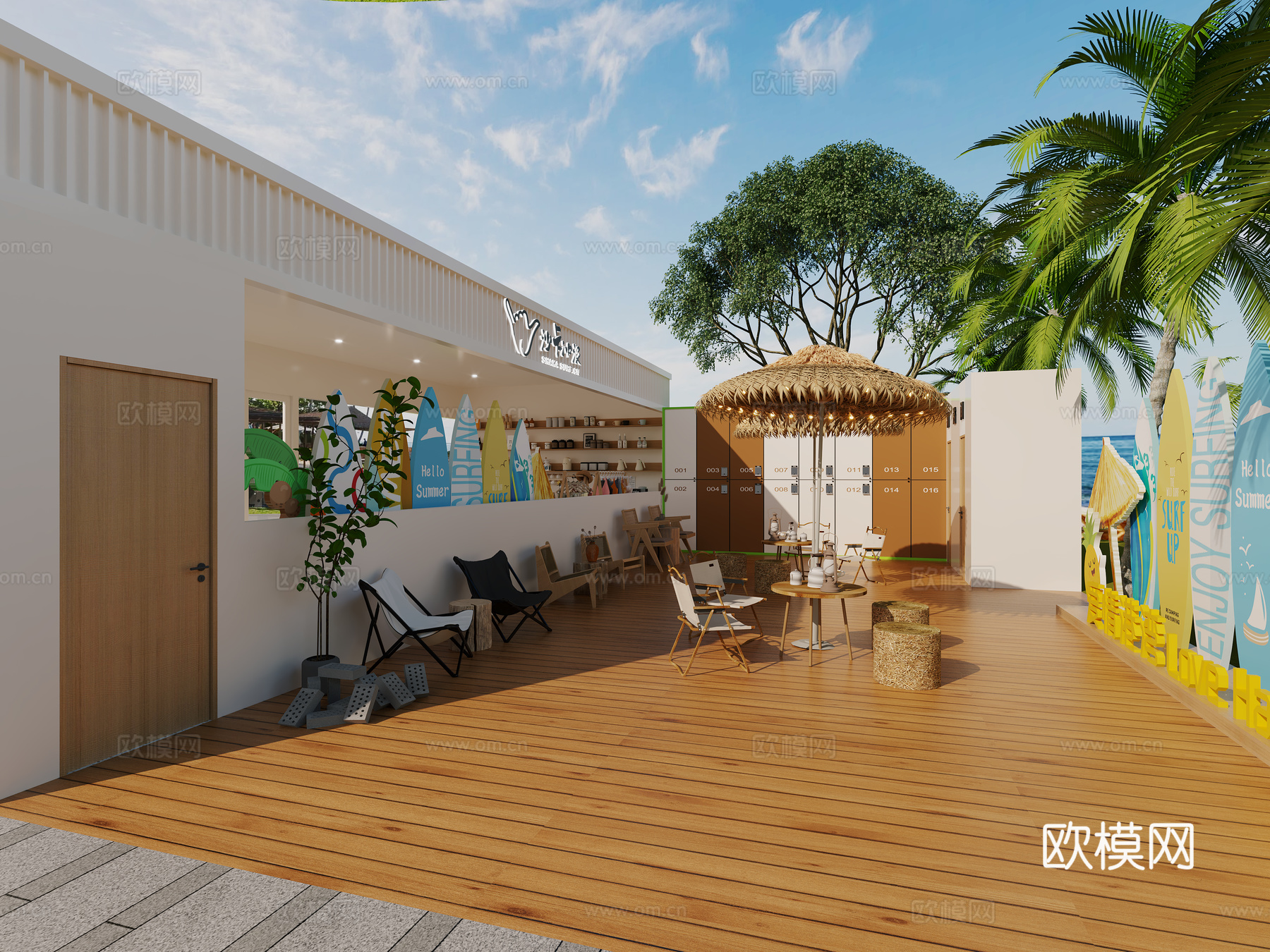 现代海边冲浪板专卖店3d模型