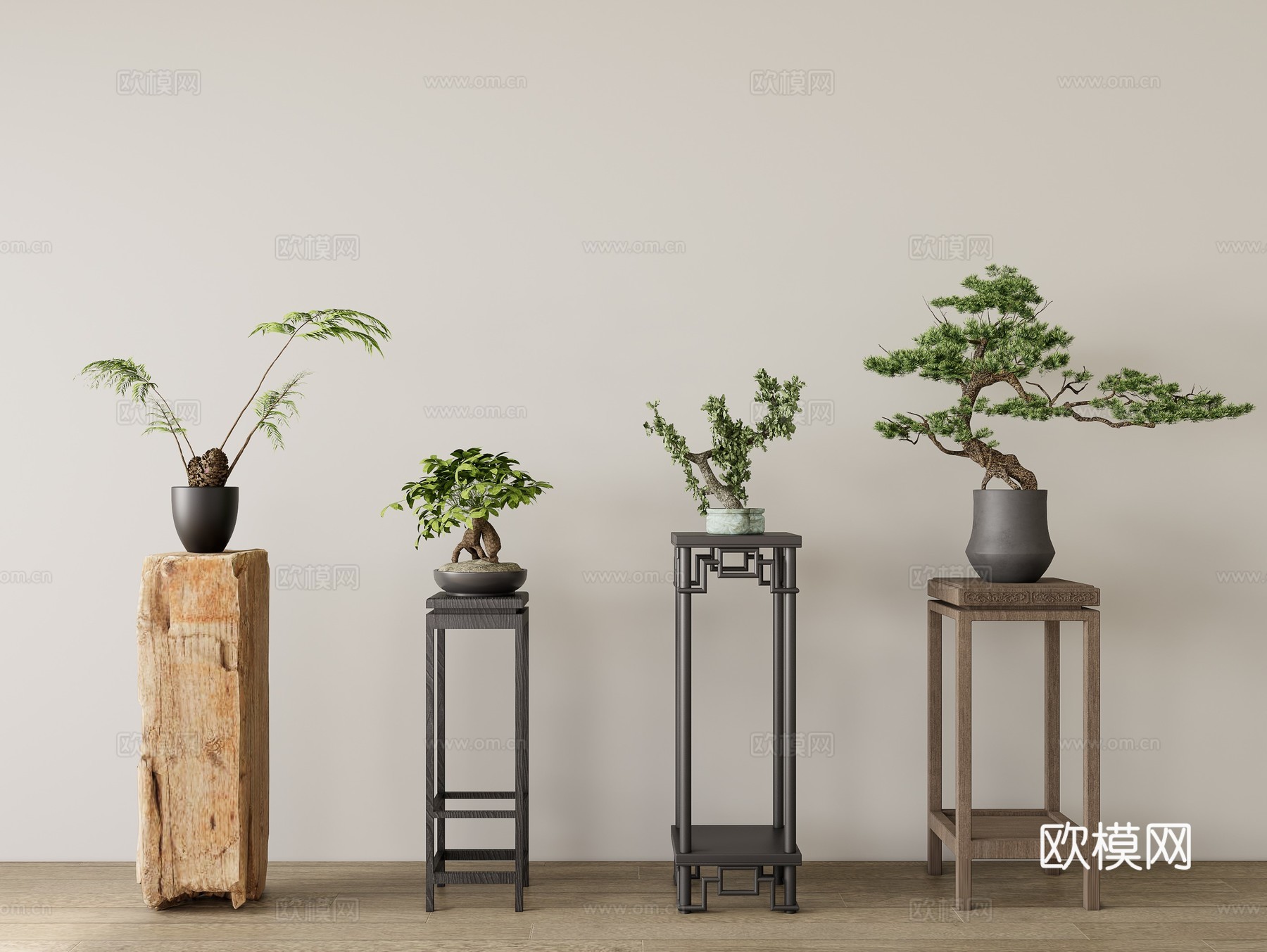 现代实木花几 绿植盆栽 松树盆栽su模型下载
