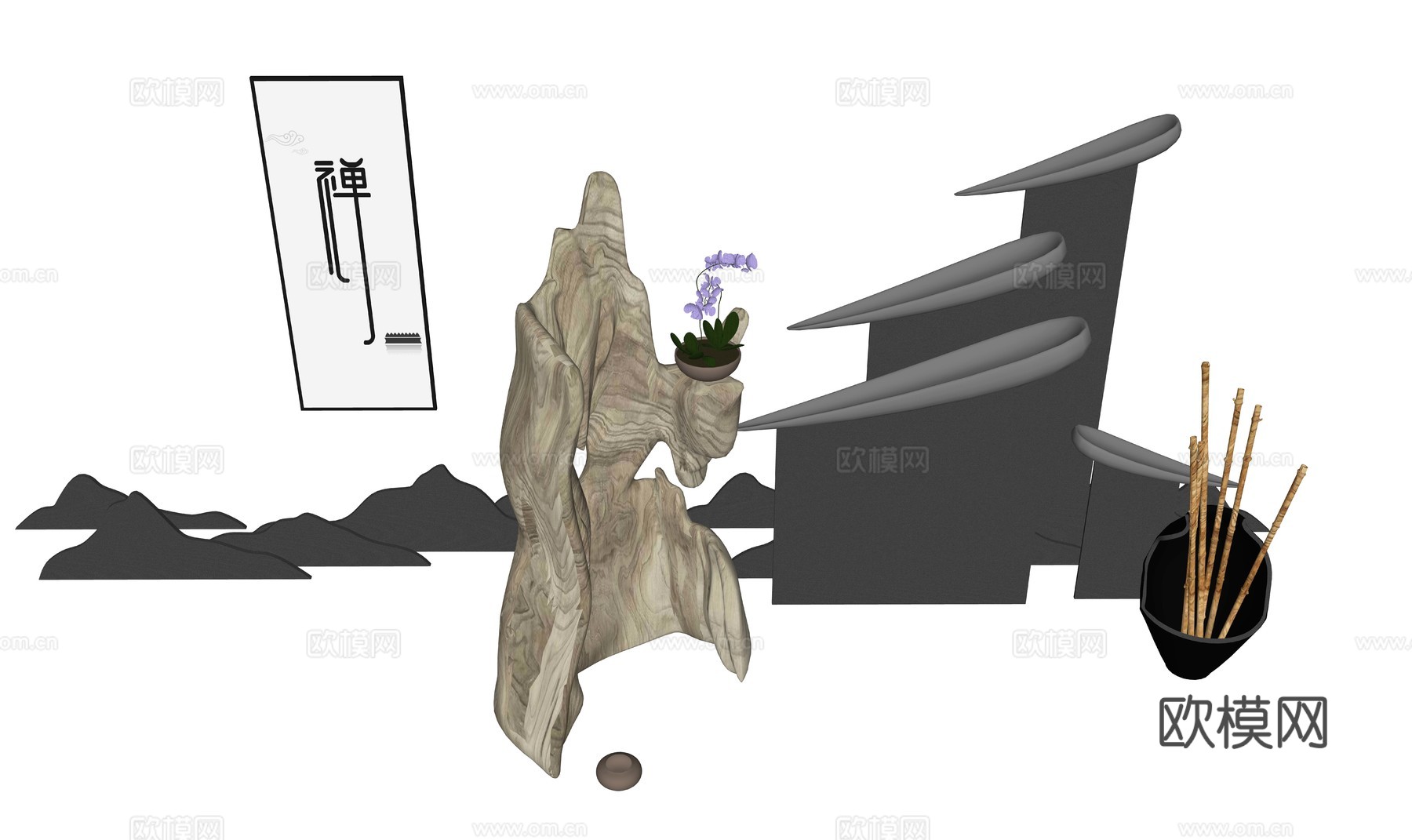日式禅意景观小品su模型下载