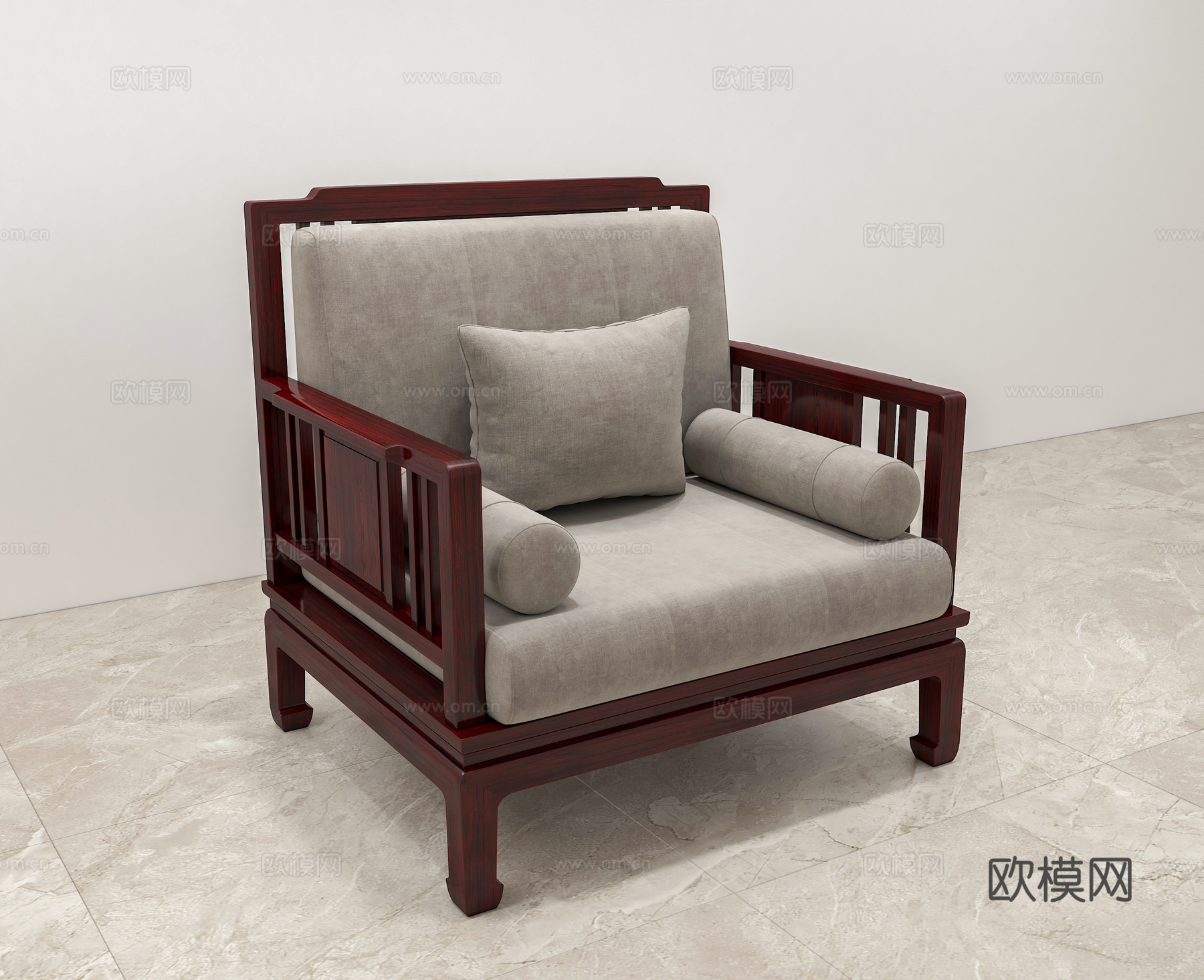 新中式客厅单人沙发 实木红木3d模型