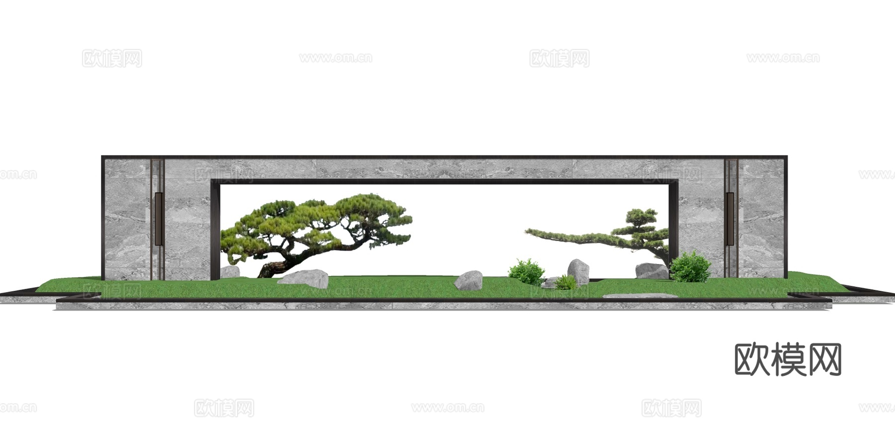 新中式松树景墙su模型下载