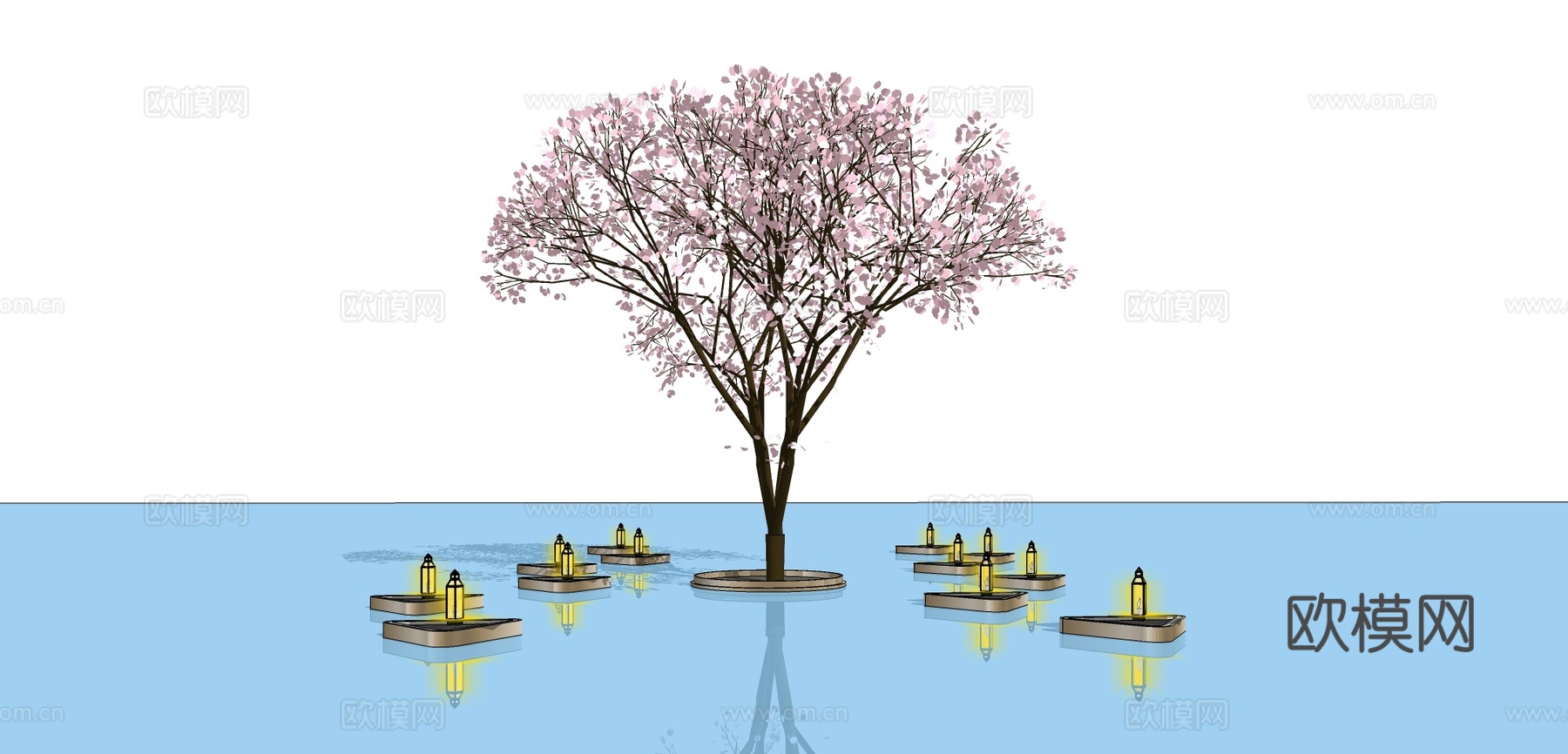现代水池景观树su模型下载