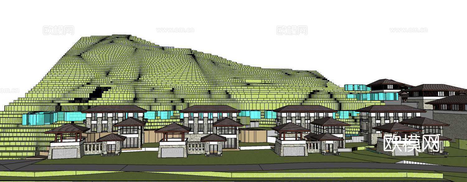 新中式度假山庄su模型下载