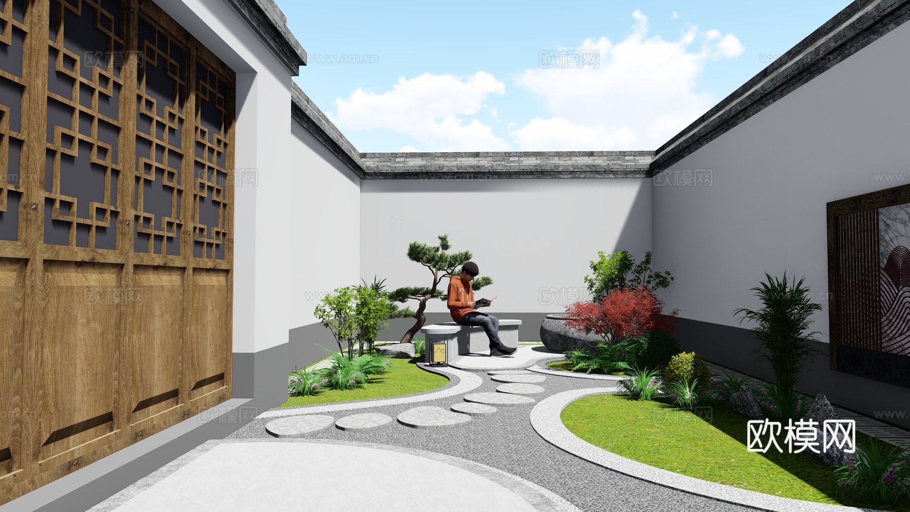 新中式庭院 花园su模型下载