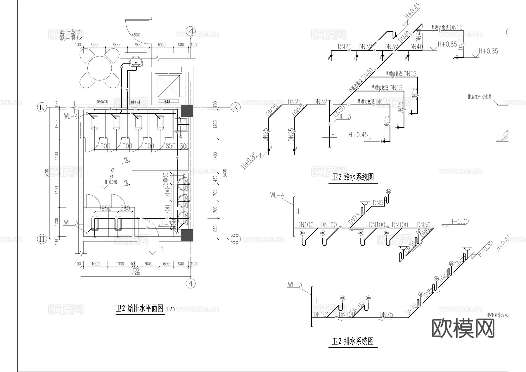幼儿园卫生间给排水施工图cad施工图