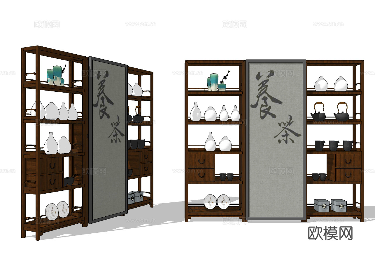 新中式实木装饰架su模型下载