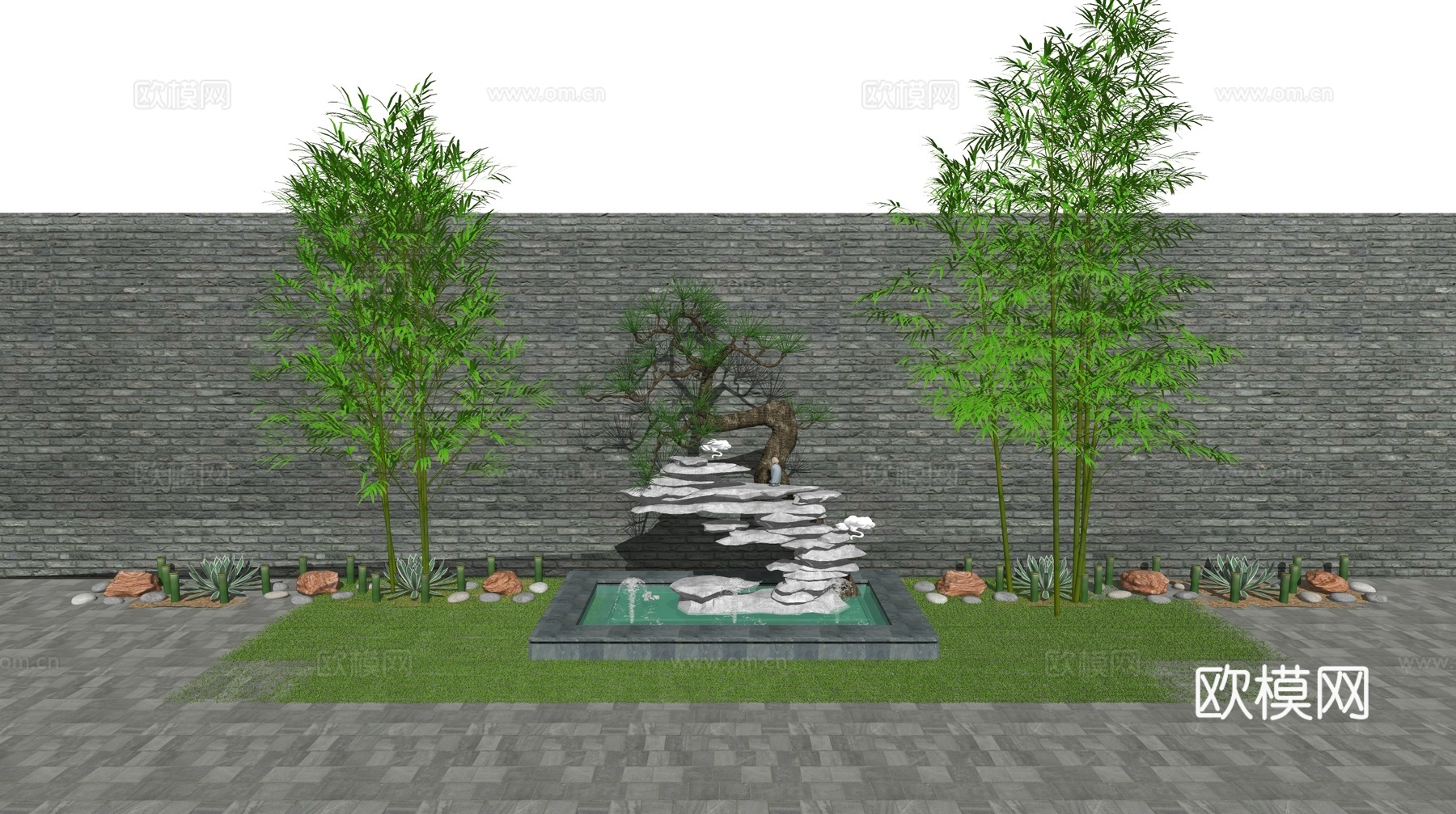 新中式叠石水池绿植景观小品su模型下载