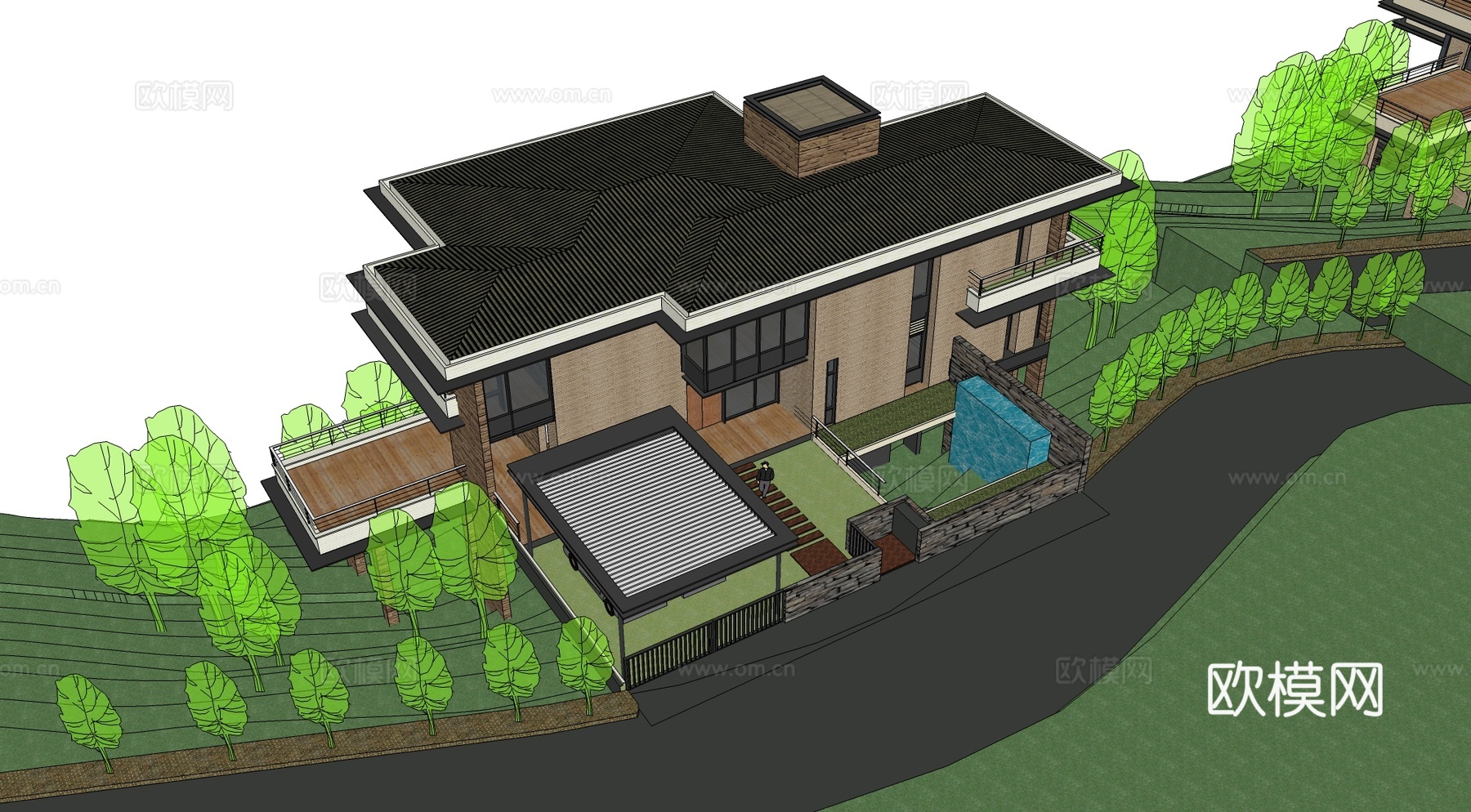 现代山地别墅建筑外观su模型下载