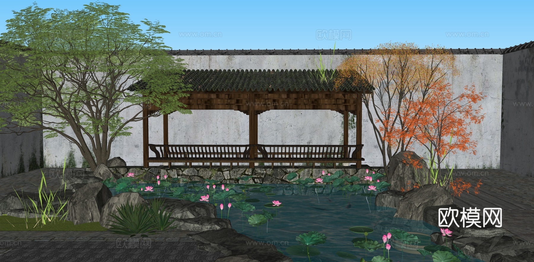 中式庭院花园 假山水景 荷花池 中式廊亭 游廊水院 水池廊架su模型