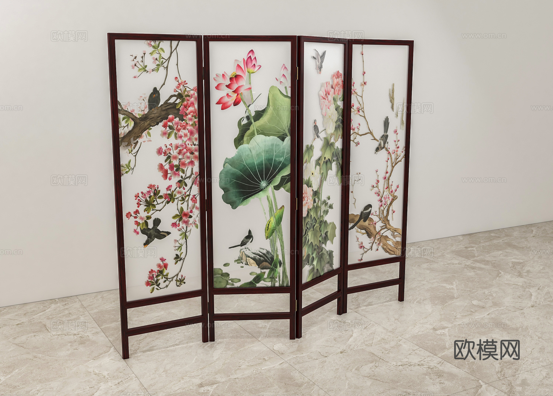 中式四扇屏风 刺绣花鸟 实木红木3d模型