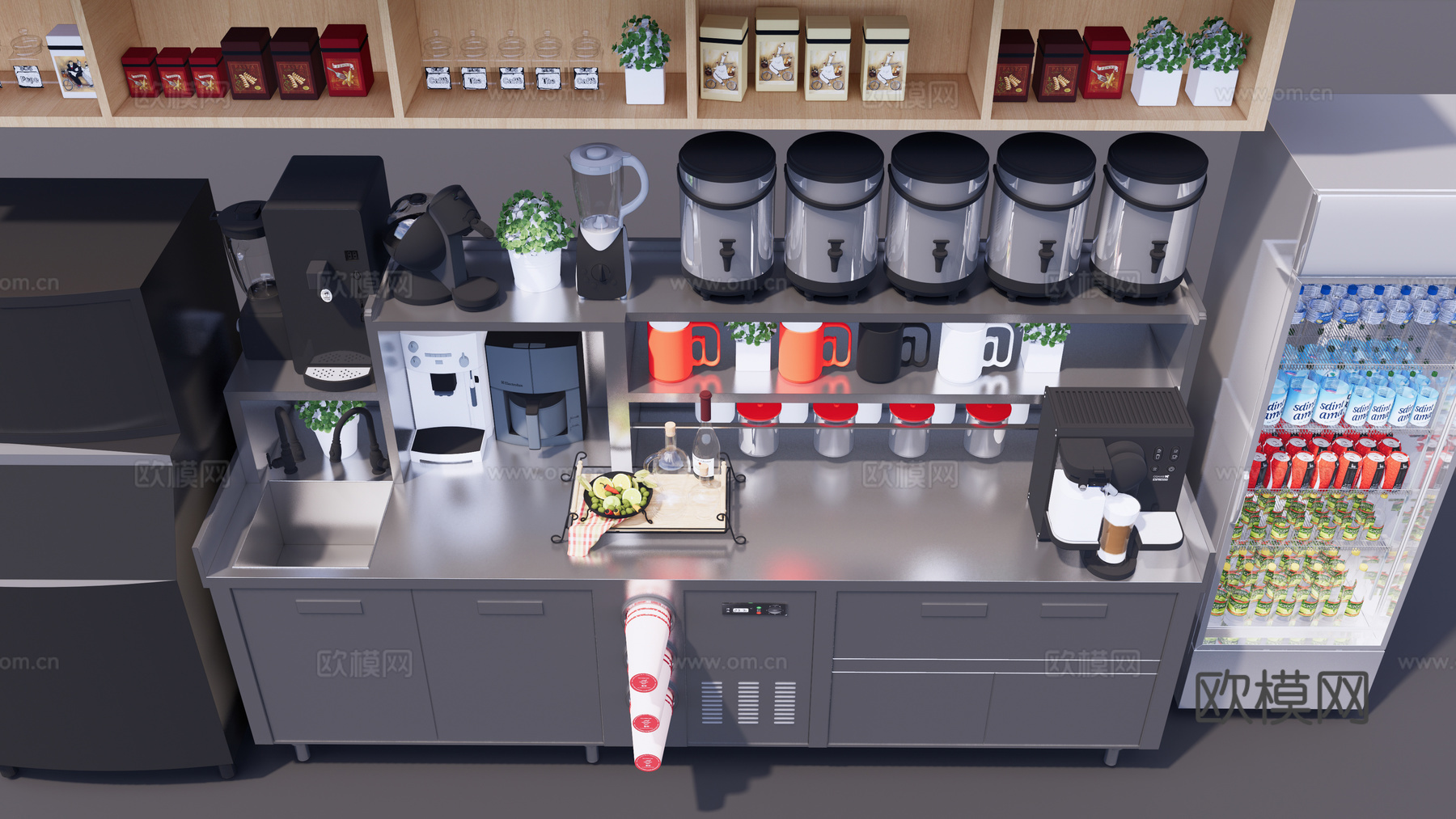 现代奶茶店 奶茶操作台 厨房器具工作台 水吧奶茶桶 饮料冷柜su模型下载
