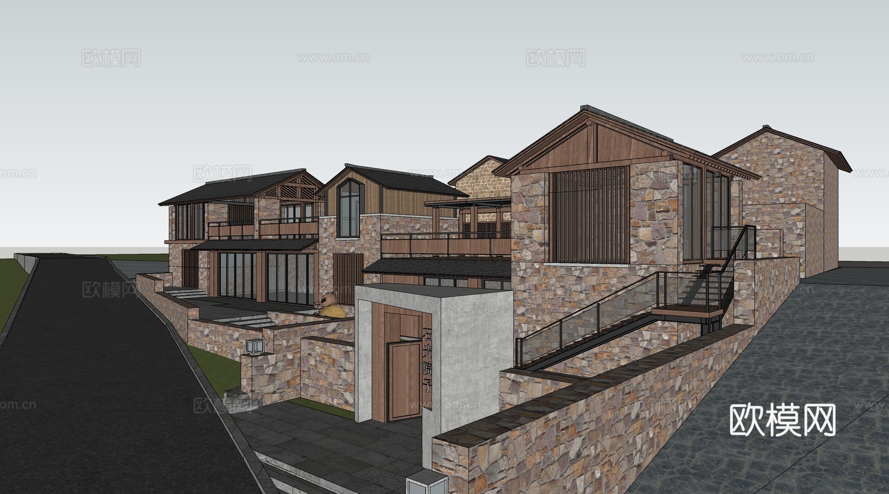 新中式民宿建筑 乡村民房 民宿酒店建筑 坡屋顶民宿su模型