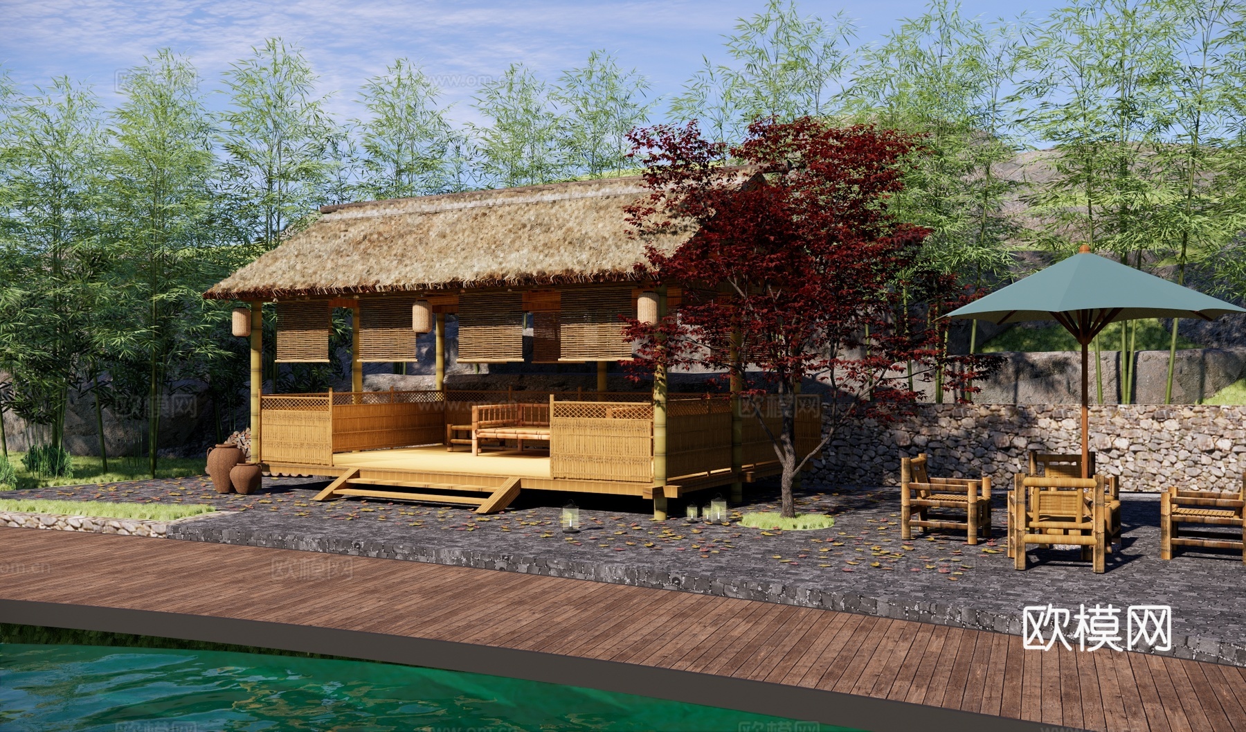 新中式乡村庭院 新中式竹林茅草屋 茅草竹屋 山间小屋 生态竹su模型