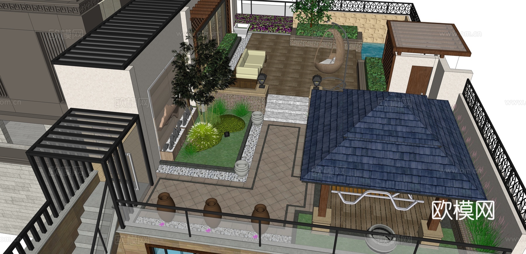 现代屋顶露台 花园su模型下载