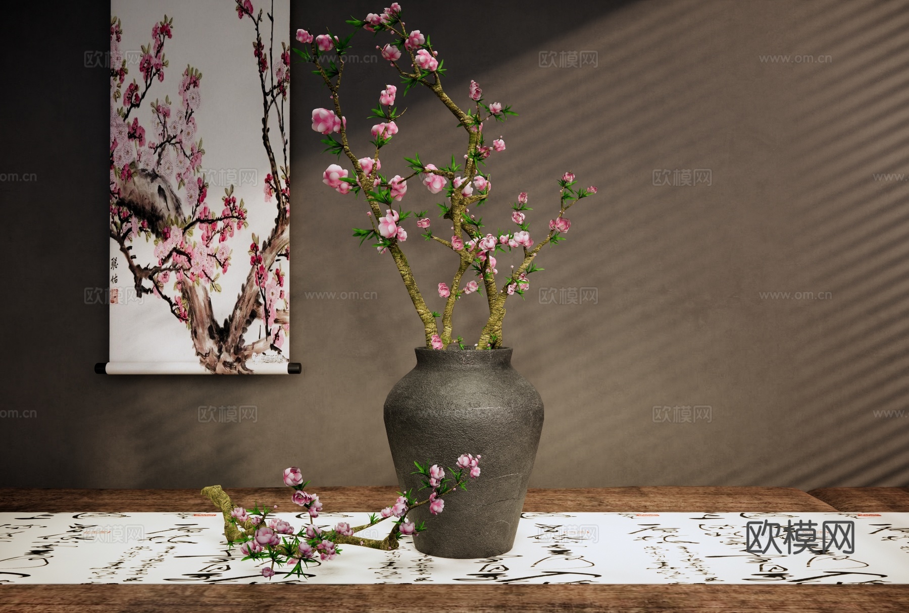 新中式花瓶花艺 桃花插花 陶罐插花 端景条案木桌 中式挂画su模型