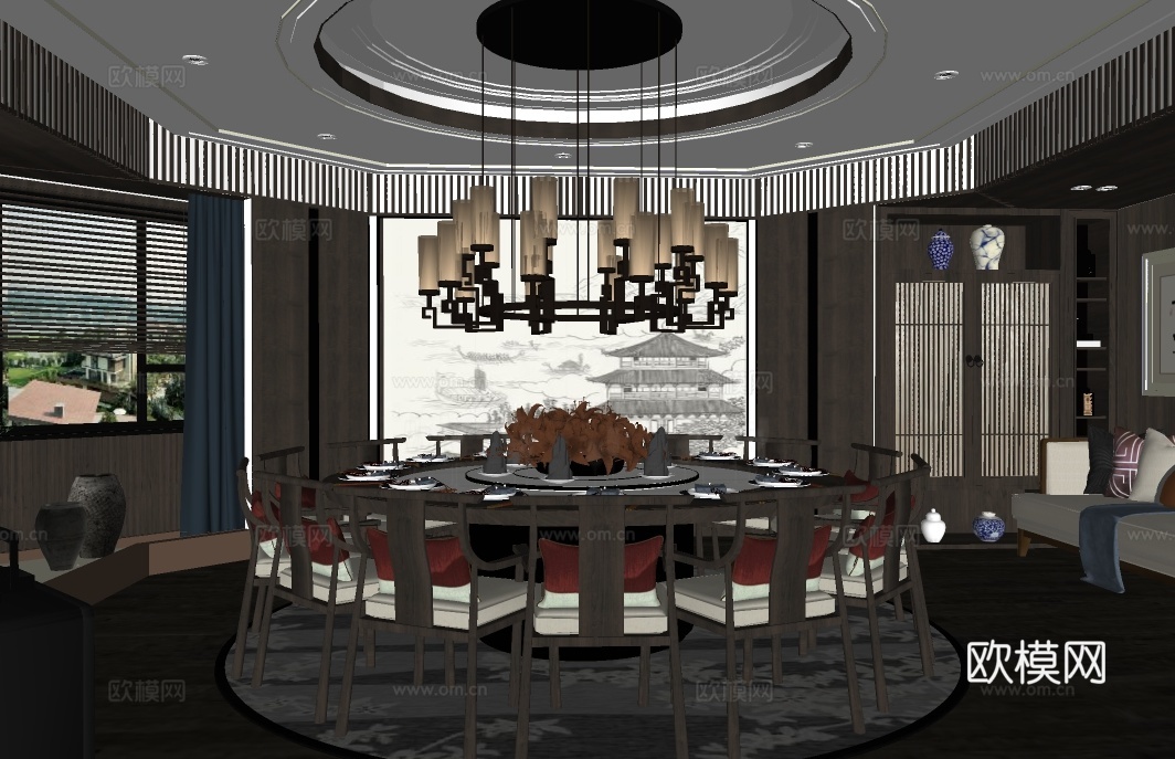 新中式餐厅包房su模型下载