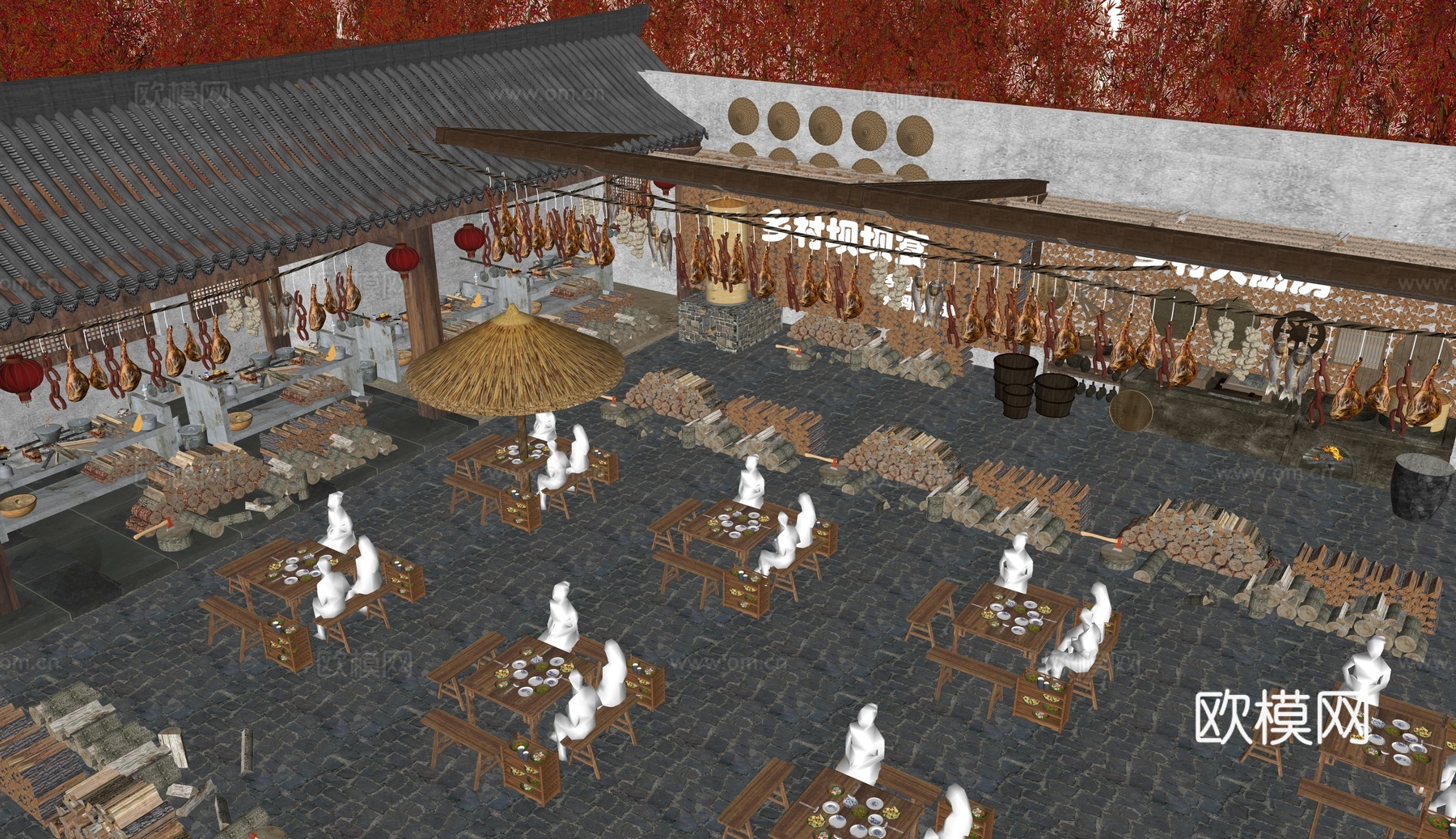 现代乡村美食街 火锅庭院 网红餐厅农家乐su模型下载